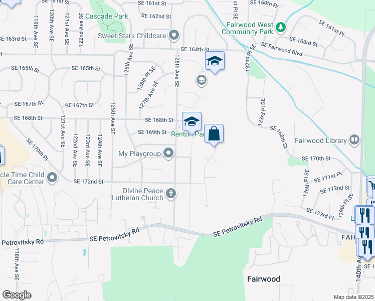 map of restaurants, bars, coffee shops, grocery stores, and more near 16965 129th Avenue Southeast in Renton