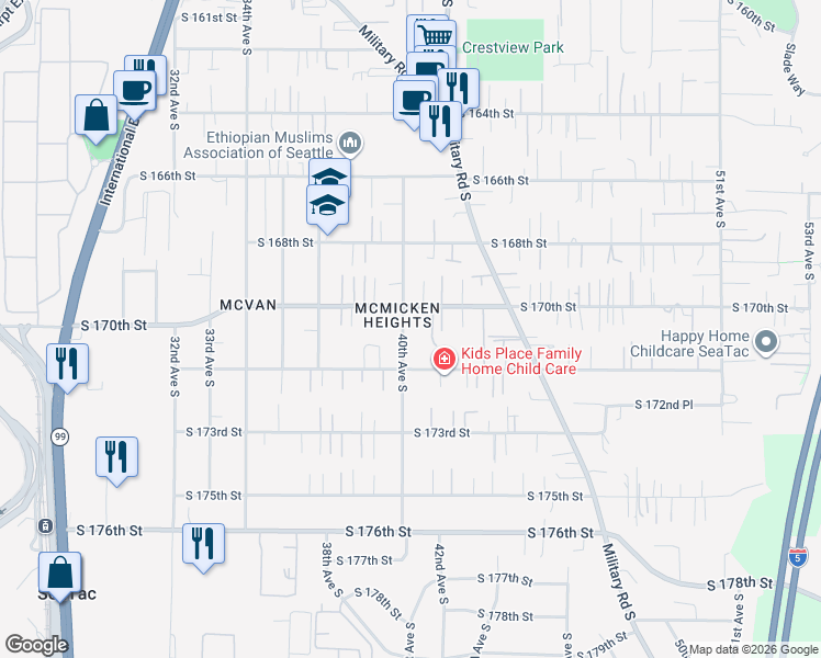 map of restaurants, bars, coffee shops, grocery stores, and more near in SeaTac