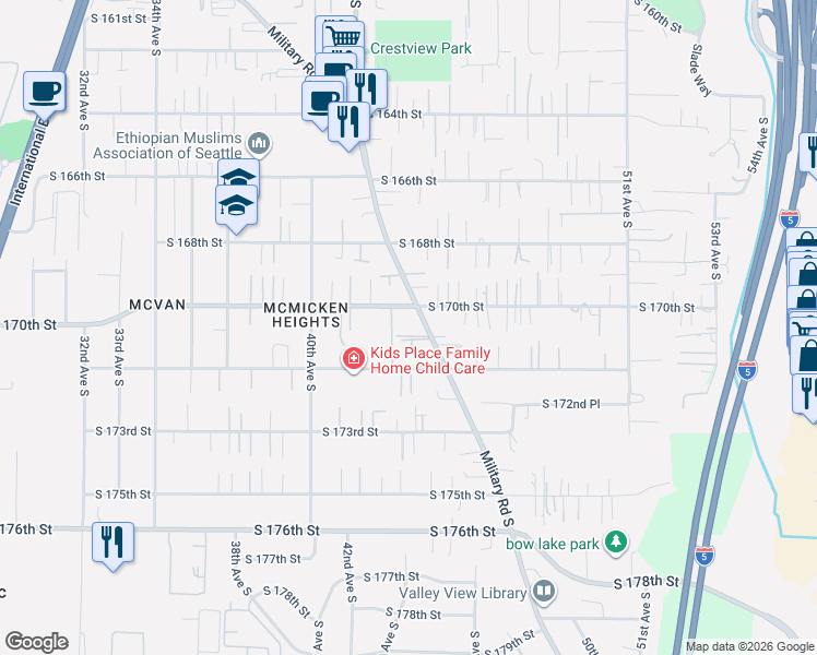 map of restaurants, bars, coffee shops, grocery stores, and more near in SeaTac