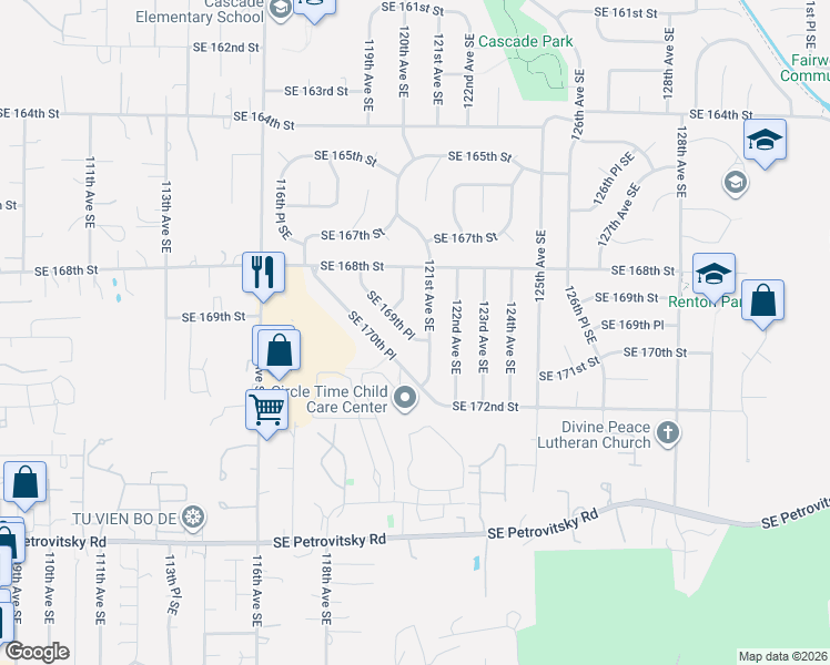 map of restaurants, bars, coffee shops, grocery stores, and more near 16848 121st Avenue Southeast in Renton