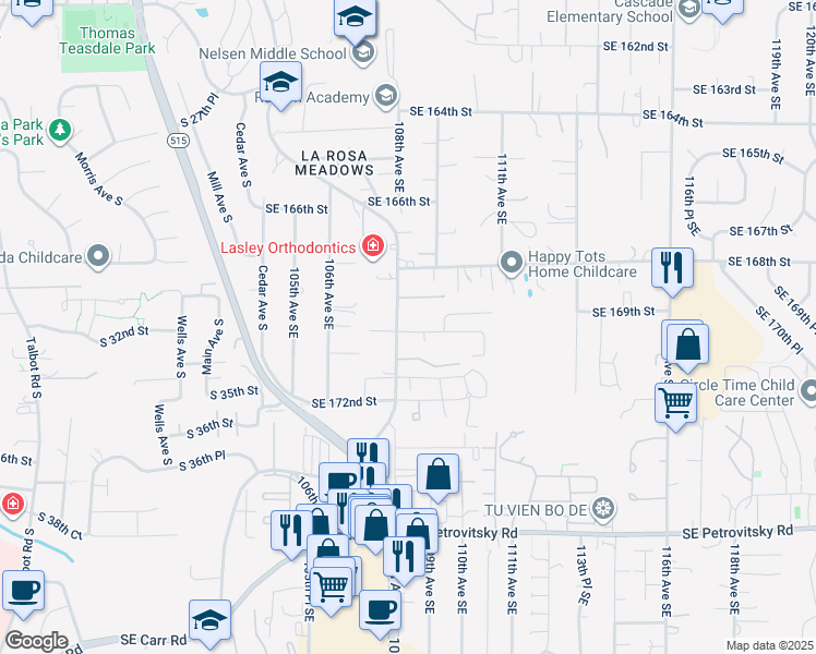 map of restaurants, bars, coffee shops, grocery stores, and more near 10824 Southeast 170th Street in Renton