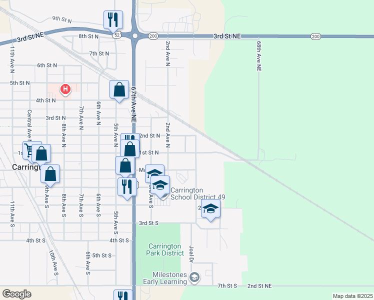 map of restaurants, bars, coffee shops, grocery stores, and more near 170 1st Avenue North in Carrington