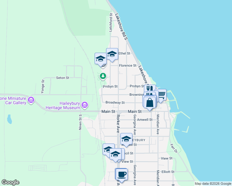 map of restaurants, bars, coffee shops, grocery stores, and more near 481 Browning Street in Temiskaming Shores