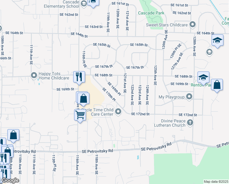 map of restaurants, bars, coffee shops, grocery stores, and more near 12007 Southeast 169th Place in Renton