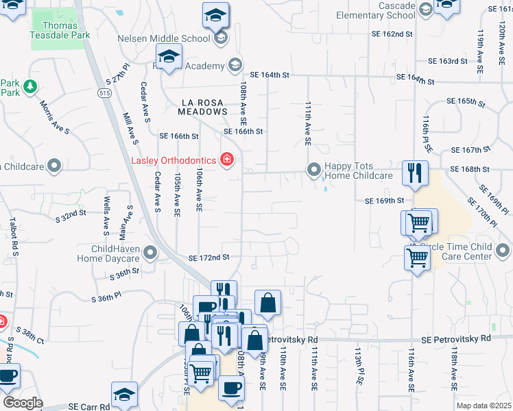 map of restaurants, bars, coffee shops, grocery stores, and more near 10824 Southeast 170th Street in Renton
