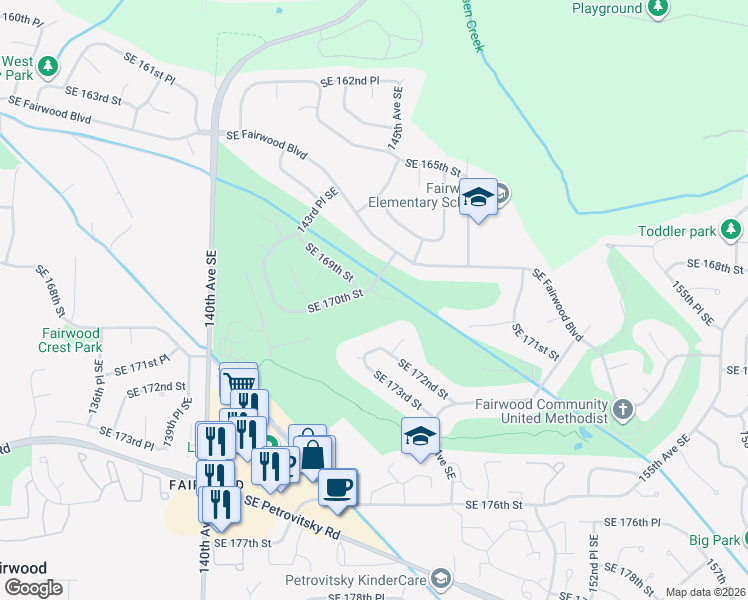 map of restaurants, bars, coffee shops, grocery stores, and more near 14614 Southeast 170th Place in Renton