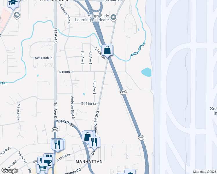 map of restaurants, bars, coffee shops, grocery stores, and more near 16852 Des Moines Memorial Drive South in Burien