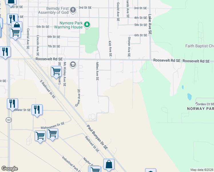 map of restaurants, bars, coffee shops, grocery stores, and more near 1004 Miles Avenue Southeast in Bemidji