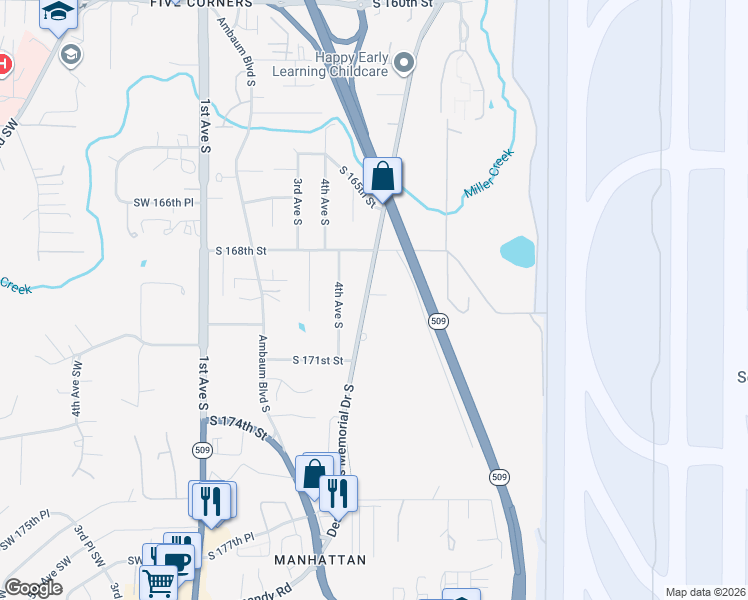 map of restaurants, bars, coffee shops, grocery stores, and more near 16852 Des Moines Memorial Drive South in Burien