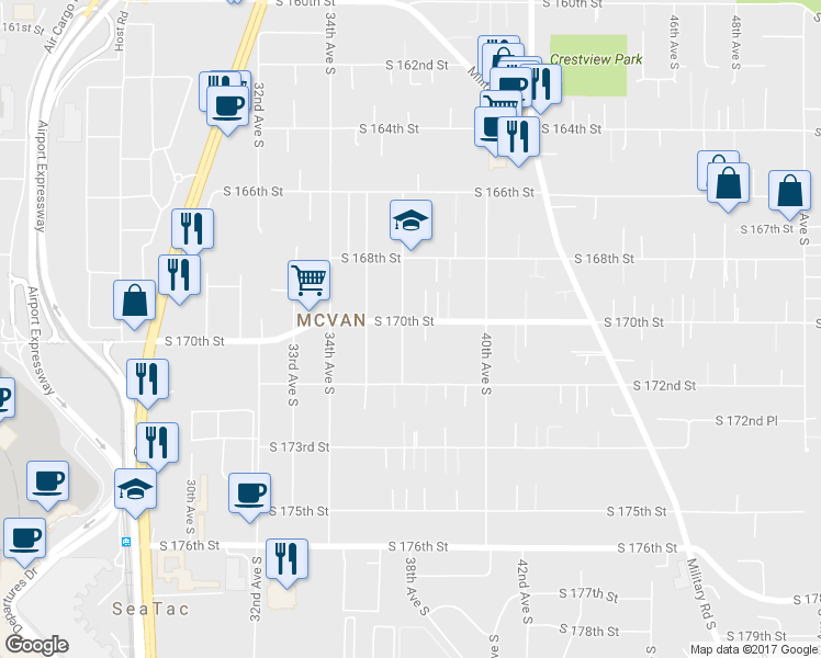 map of restaurants, bars, coffee shops, grocery stores, and more near 3705 South 170th Street in SeaTac