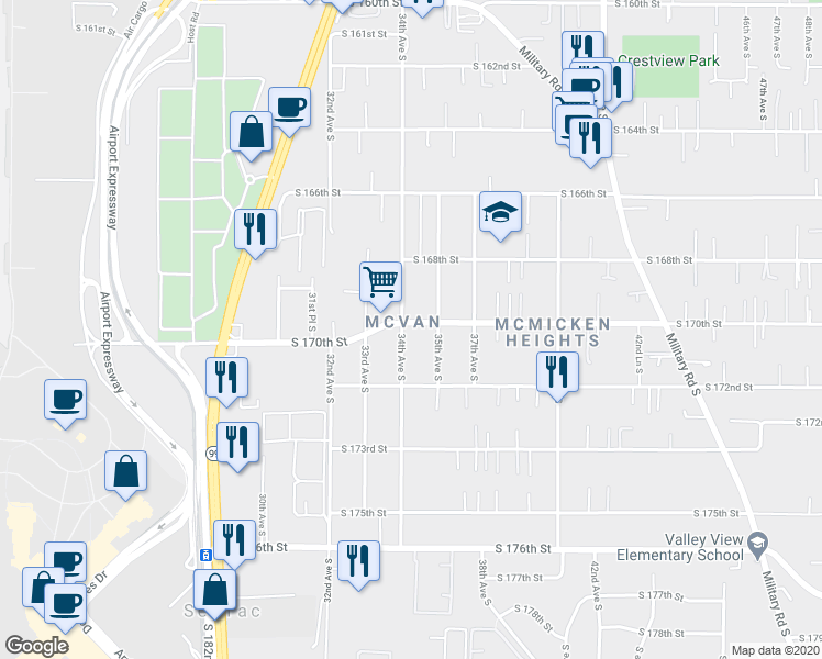 map of restaurants, bars, coffee shops, grocery stores, and more near 17004 34th Avenue South in SeaTac