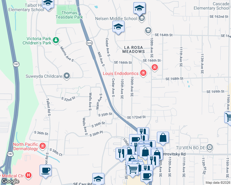 map of restaurants, bars, coffee shops, grocery stores, and more near 16832 104th Avenue Southeast in Renton