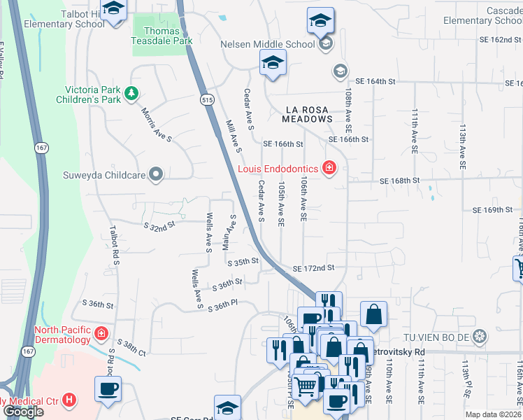 map of restaurants, bars, coffee shops, grocery stores, and more near 16832 104th Avenue Southeast in Renton
