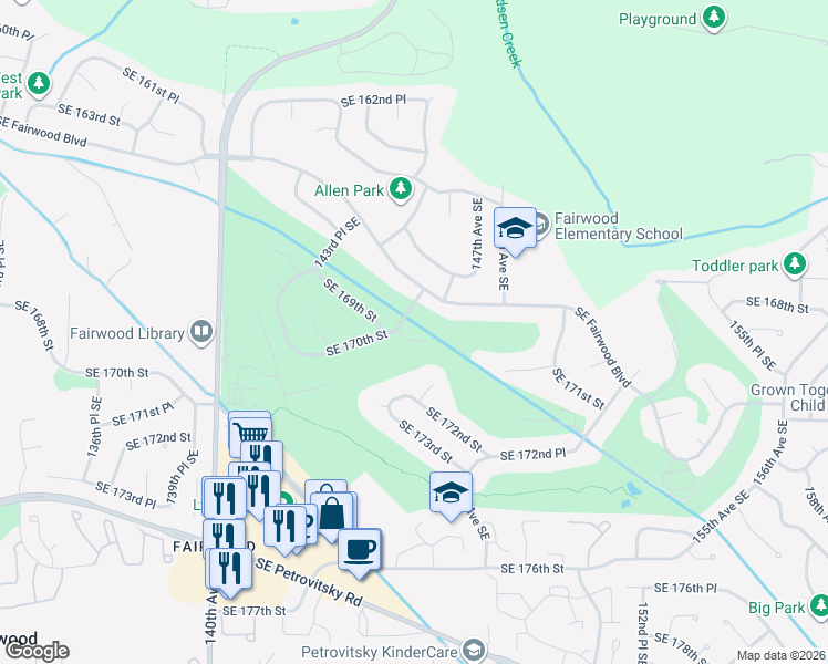 map of restaurants, bars, coffee shops, grocery stores, and more near 14614 Southeast 170th Place in Renton