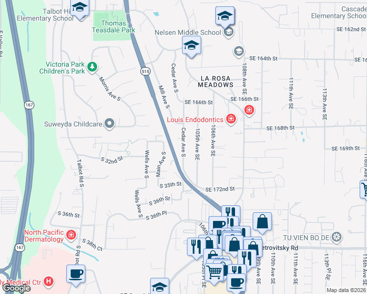 map of restaurants, bars, coffee shops, grocery stores, and more near 16832 104th Avenue Southeast in Renton