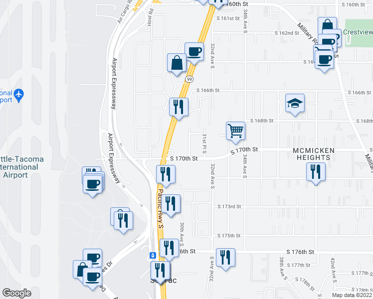 map of restaurants, bars, coffee shops, grocery stores, and more near 16916 31st Avenue South in SeaTac