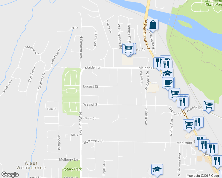 map of restaurants, bars, coffee shops, grocery stores, and more near 1613 Locust Street in Wenatchee