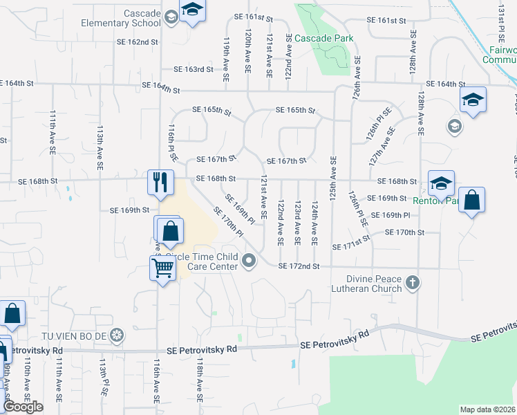 map of restaurants, bars, coffee shops, grocery stores, and more near 16841 121st Avenue Southeast in Renton