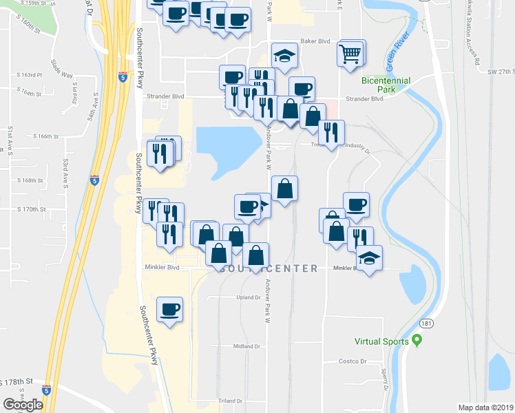 map of restaurants, bars, coffee shops, grocery stores, and more near 565 Andover Park West in Tukwila