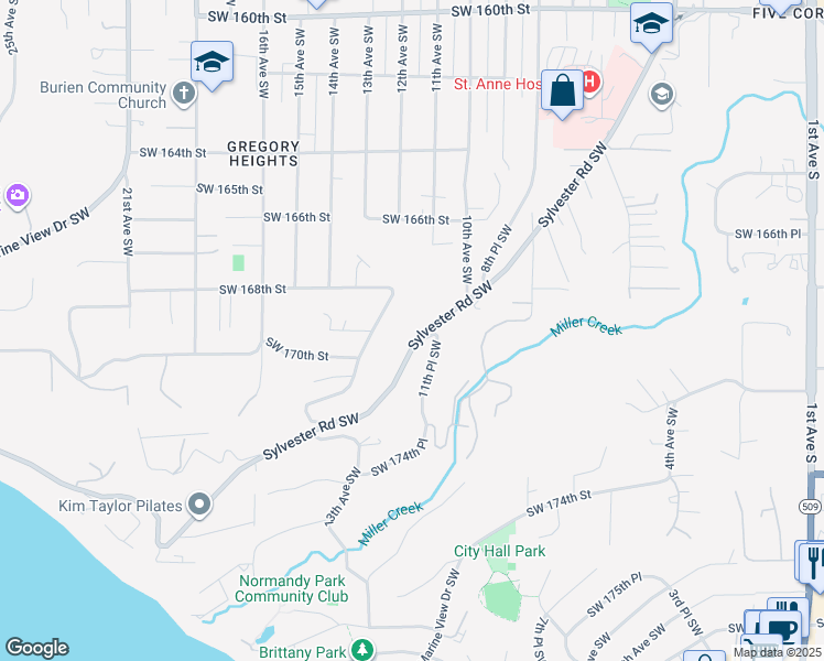 map of restaurants, bars, coffee shops, grocery stores, and more near 16855 Sylvester Road Southwest in Normandy Park