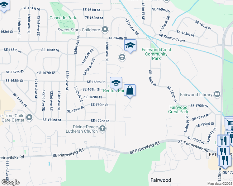 map of restaurants, bars, coffee shops, grocery stores, and more near 16828 128th Avenue Southeast in Renton