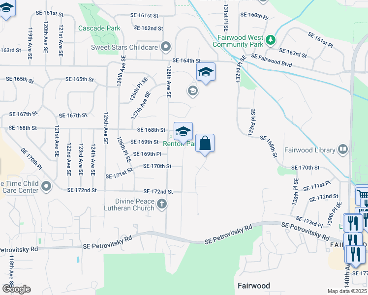 map of restaurants, bars, coffee shops, grocery stores, and more near 16828 128th Avenue Southeast in Renton