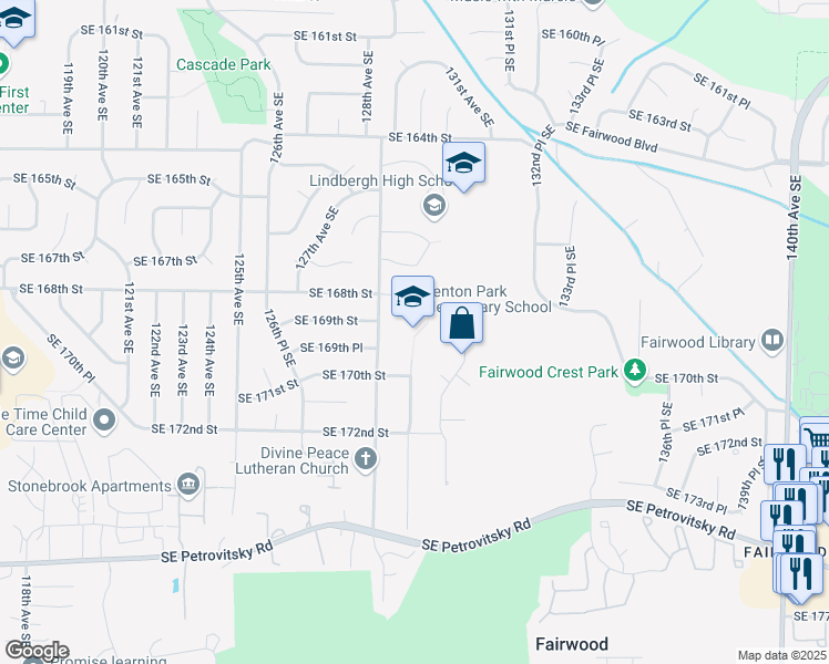 map of restaurants, bars, coffee shops, grocery stores, and more near 16965 129th Avenue Southeast in Renton