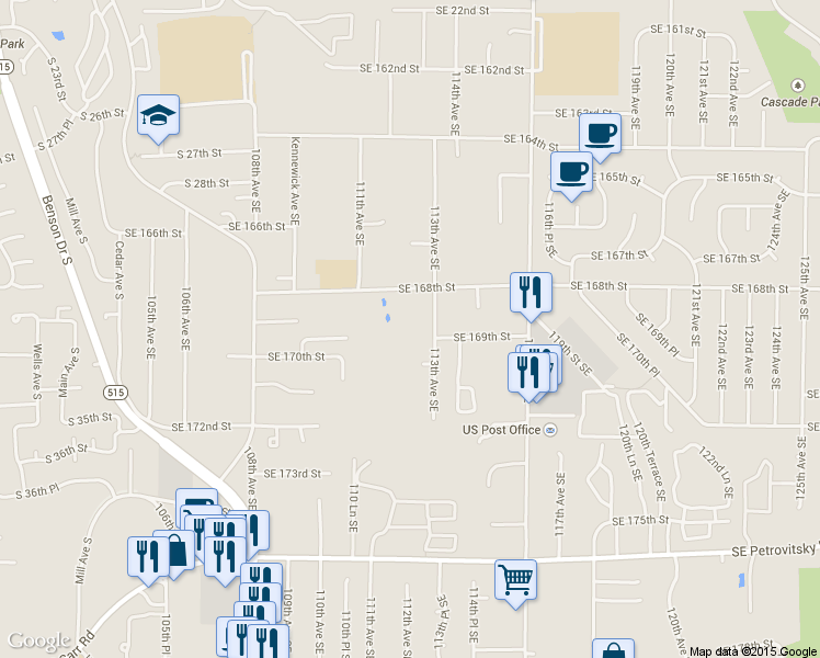 map of restaurants, bars, coffee shops, grocery stores, and more near 16901 113th Avenue Southeast in Renton