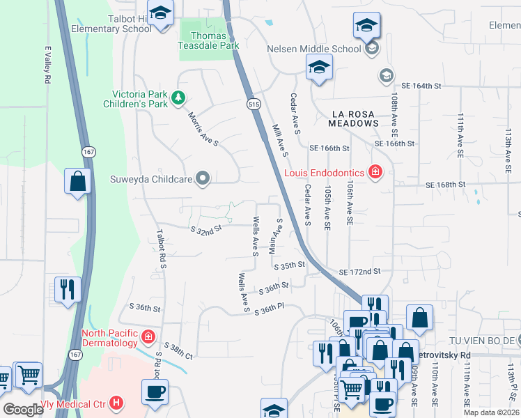 map of restaurants, bars, coffee shops, grocery stores, and more near 3124 Wells Avenue South in Renton