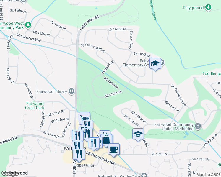 map of restaurants, bars, coffee shops, grocery stores, and more near 16910 144th Avenue Southeast in Renton