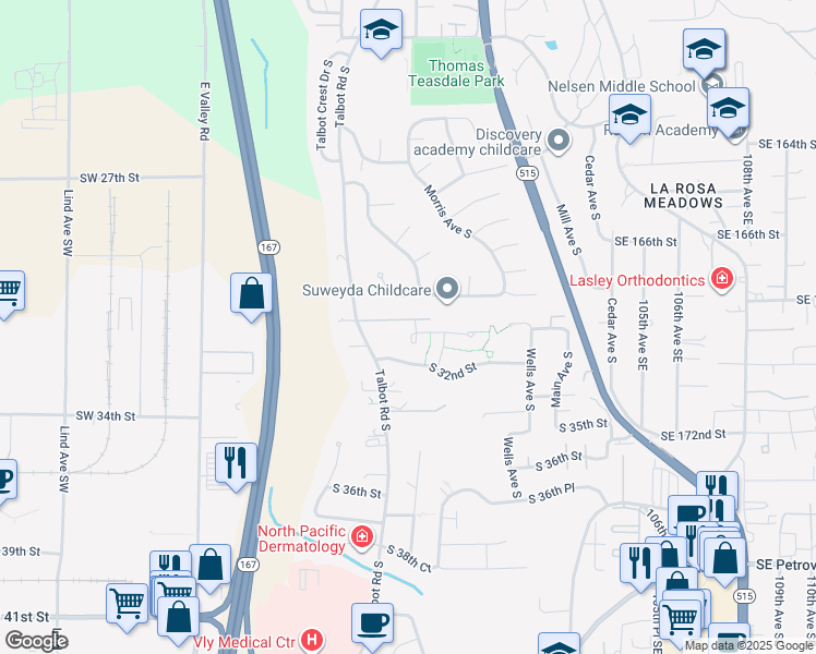 map of restaurants, bars, coffee shops, grocery stores, and more near 612 South 32nd Place in Renton