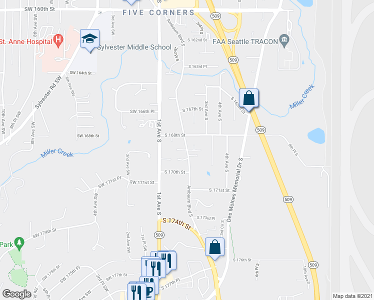 map of restaurants, bars, coffee shops, grocery stores, and more near Ambaum Blvd S in Burien