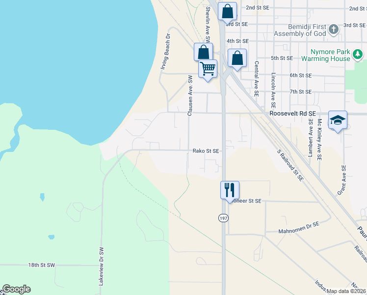 map of restaurants, bars, coffee shops, grocery stores, and more near 306 Rako Street Southeast in Bemidji