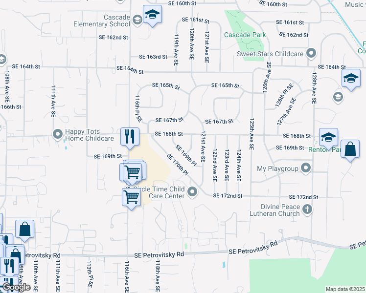 map of restaurants, bars, coffee shops, grocery stores, and more near 12007 Southeast 169th Place in Renton