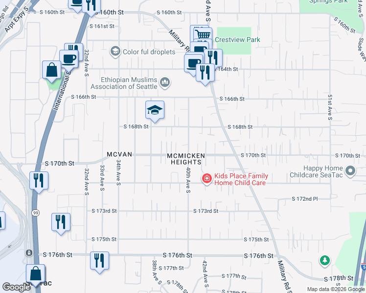 map of restaurants, bars, coffee shops, grocery stores, and more near in SeaTac