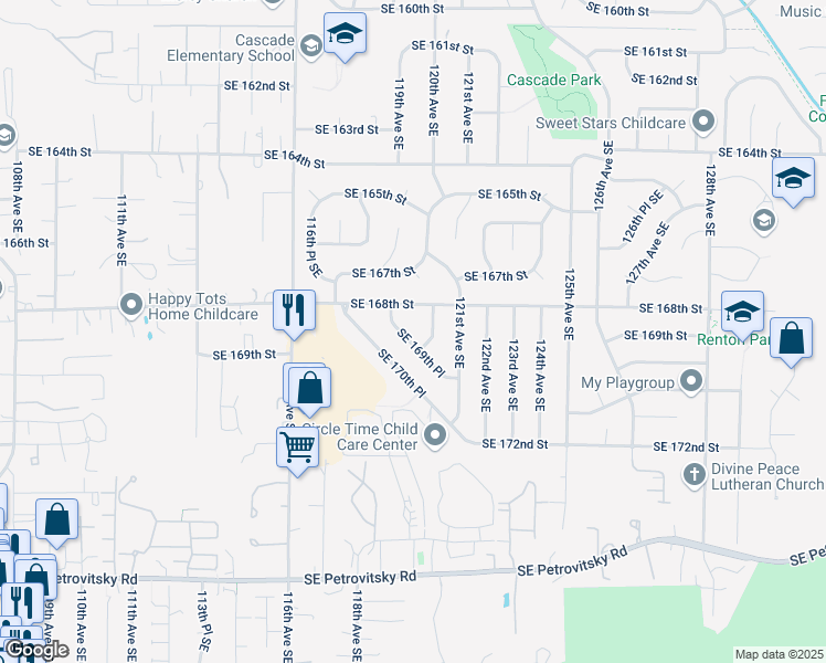 map of restaurants, bars, coffee shops, grocery stores, and more near 12007 Southeast 169th Place in Renton