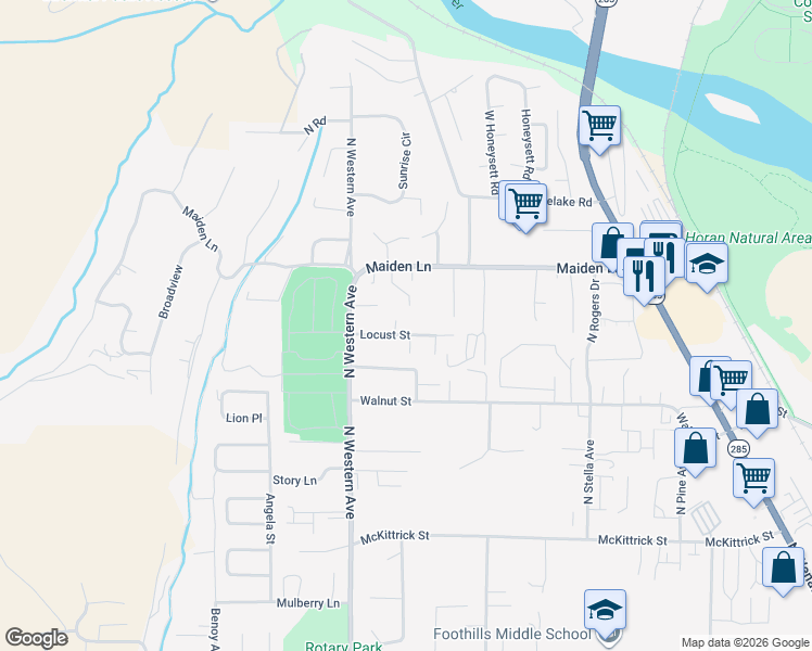 map of restaurants, bars, coffee shops, grocery stores, and more near 1625 Locust Street in Wenatchee