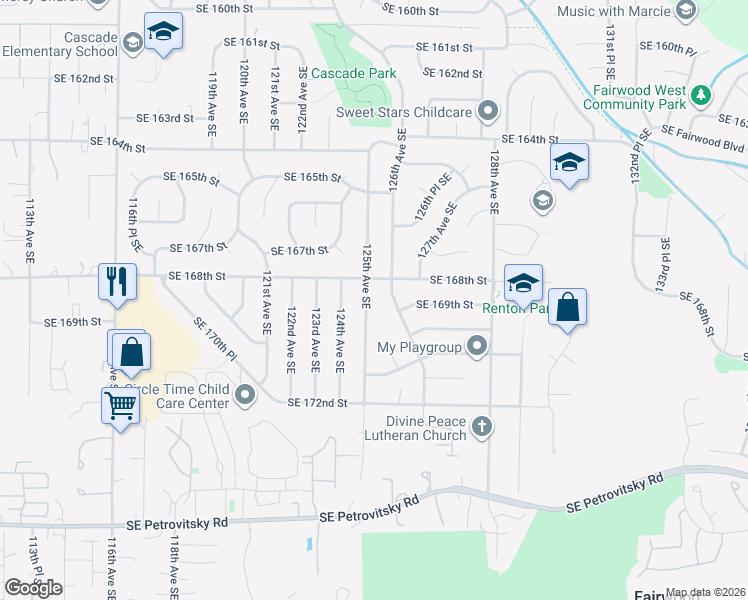 map of restaurants, bars, coffee shops, grocery stores, and more near 16752 125th Avenue Southeast in Renton
