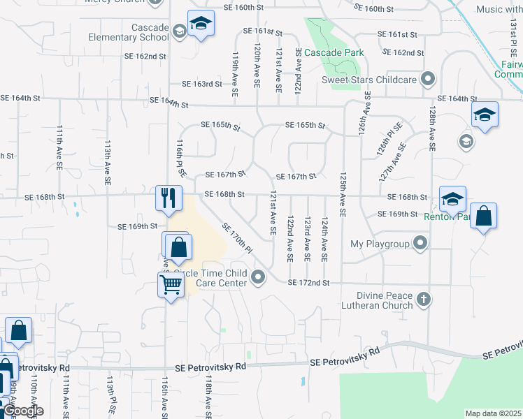 map of restaurants, bars, coffee shops, grocery stores, and more near 11930 Southeast 168th Street in Renton