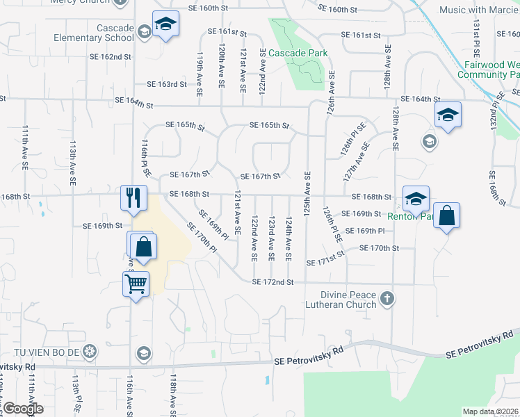 map of restaurants, bars, coffee shops, grocery stores, and more near 16820 122nd Avenue Southeast in Renton