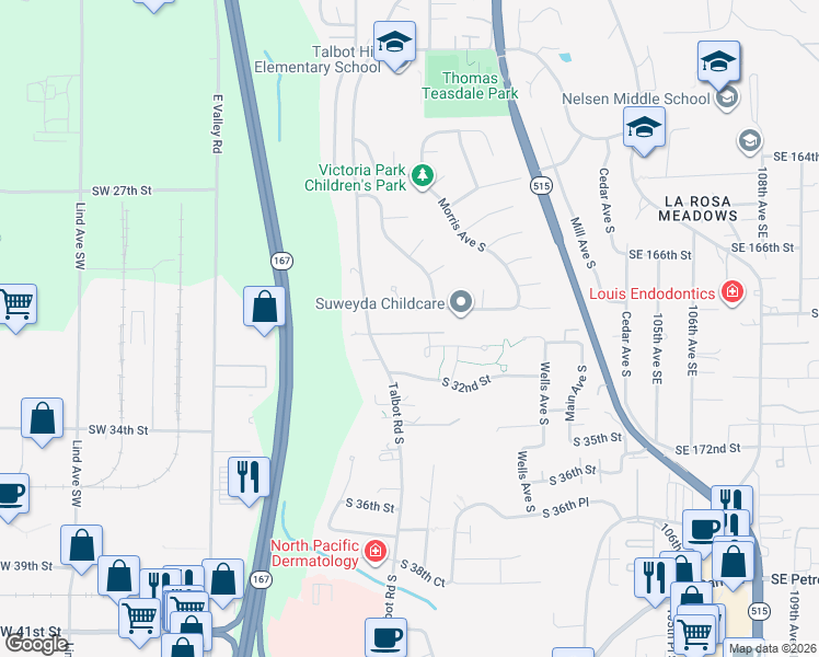 map of restaurants, bars, coffee shops, grocery stores, and more near 601 South 31st Street in Renton