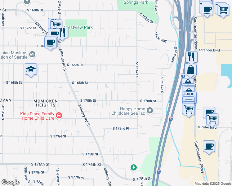 map of restaurants, bars, coffee shops, grocery stores, and more near 4653 South 168th Street in SeaTac