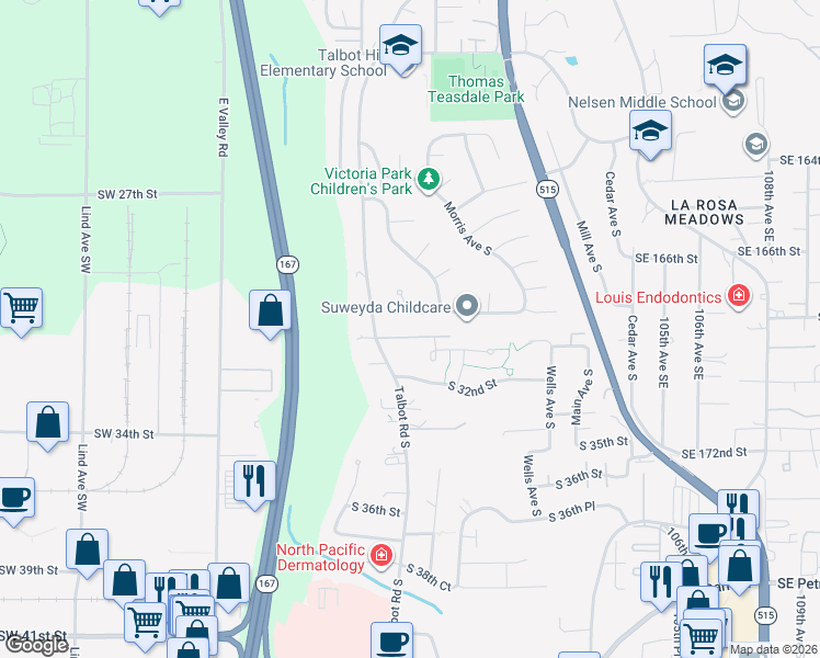 map of restaurants, bars, coffee shops, grocery stores, and more near 601 South 31st Street in Renton