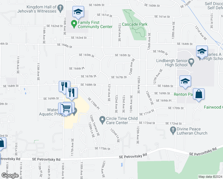 map of restaurants, bars, coffee shops, grocery stores, and more near 16812 121st Avenue Southeast in Renton