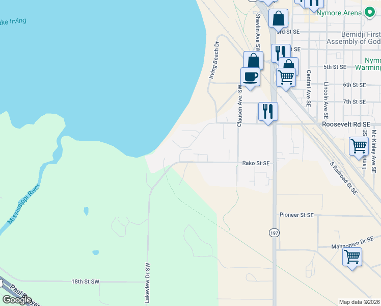 map of restaurants, bars, coffee shops, grocery stores, and more near 424 Roosevelt Road Southwest in Bemidji