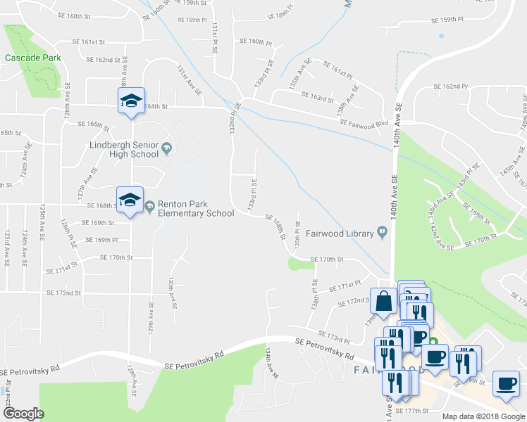 map of restaurants, bars, coffee shops, grocery stores, and more near 13402 Southeast 168th Street in Renton