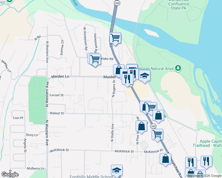 map of restaurants, bars, coffee shops, grocery stores, and more near 1914 Harbel Street in Wenatchee