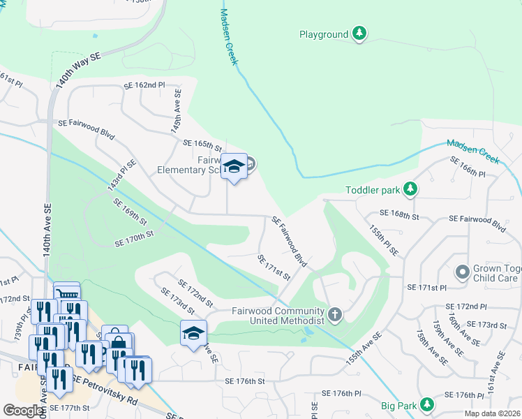 map of restaurants, bars, coffee shops, grocery stores, and more near 15008 Southeast Fairwood Boulevard in Renton