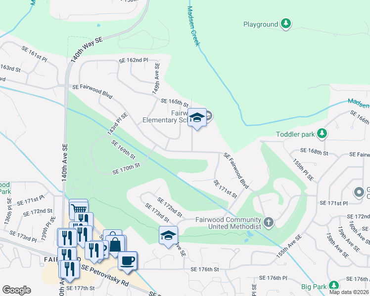 map of restaurants, bars, coffee shops, grocery stores, and more near 16650 147th Avenue Southeast in Renton