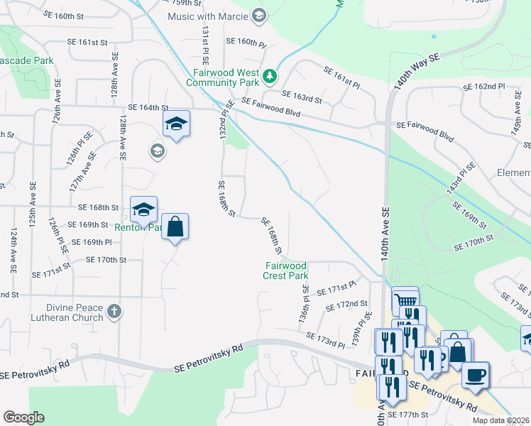 map of restaurants, bars, coffee shops, grocery stores, and more near 13402 Southeast 168th Street in Renton